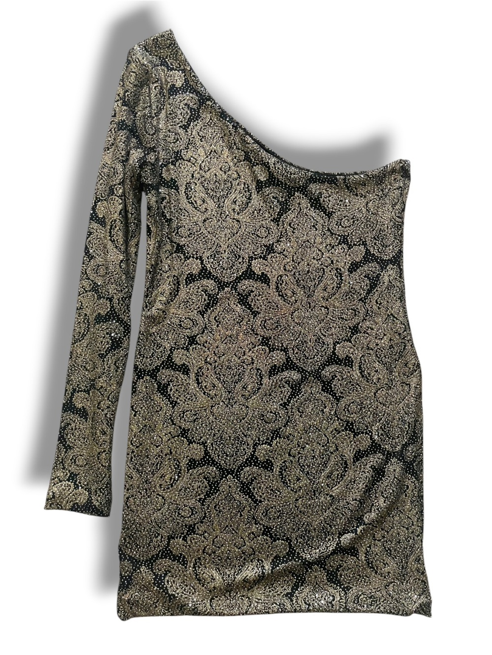 ✨ GUESS by Marciano Black & Gold Paisley One-Shoulder Mini Dress — L